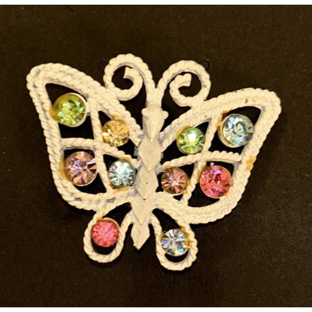 VTG white enameled Butterfly Brooch, multi colored Rhinestones